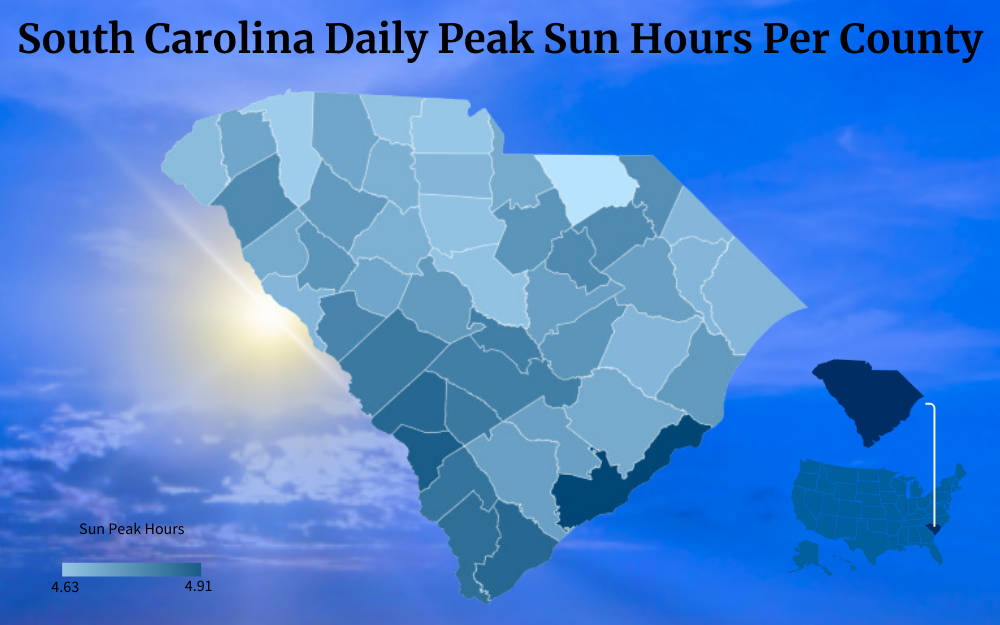 Color-coded map of South Carolina showing peak sun hours per county.