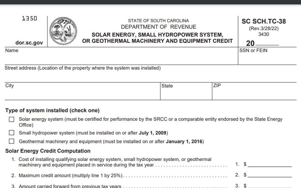 Screenshot of a PDF file containing the Solar Energy Tax Credit Form from the South Carolina Department of Revenue.